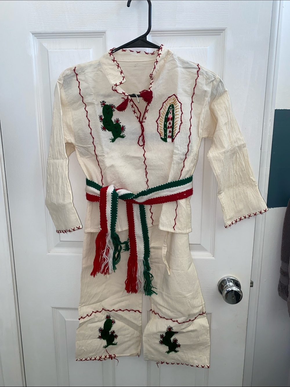 Cream Embroidered Mexican 4 Piece Set with Green & Red Accents